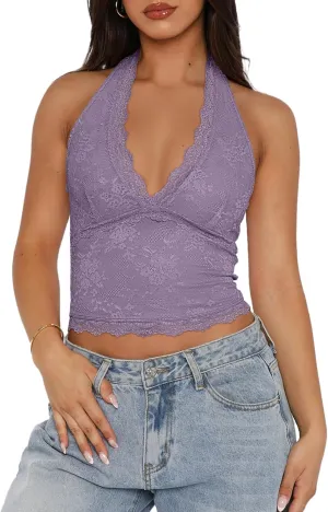 REORIA Womens Sexy V Neck Lace Halter Backless Going Out Double Lined Y2K Trendy Cropped Tank Tops