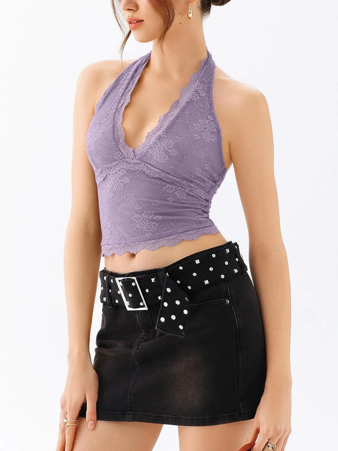 REORIA Womens Sexy V Neck Lace Halter Backless Going Out Double Lined Y2K Trendy Cropped Tank Tops