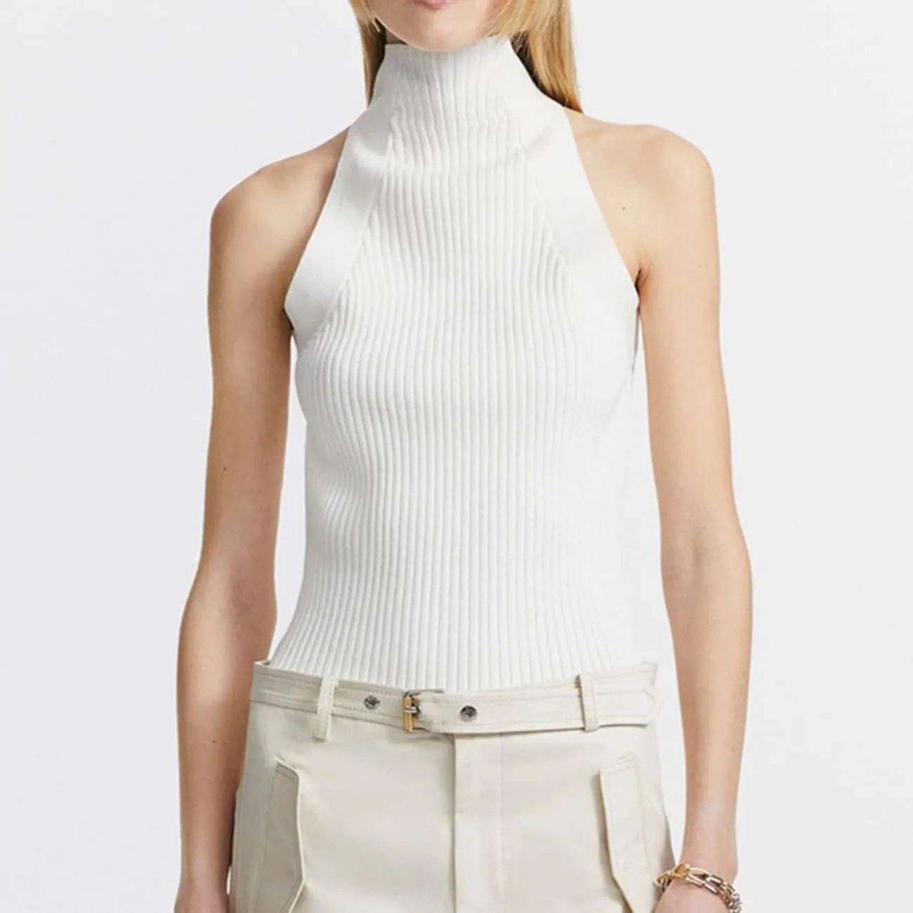 SAFRISIOR Women Sexy Hollow Out Twist Front Knitted Tank Tops Sleeveless High Neck Cut Out Sweater Vest
