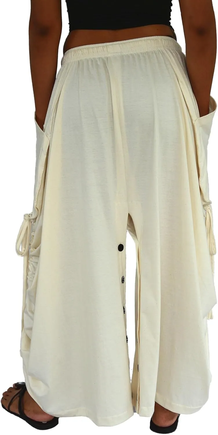 Sakoonee Women's Harem Pants Palazzo Dhoti Lounge Trousers, Convertible to a Skirt 2 Pockets Cotton, One Size, Elastic Waist