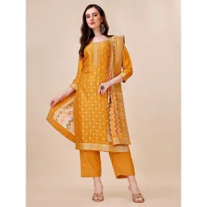 Seerat Mustard Jacquard Silk Straight Kurta with Trousers & Bandhani Dupatta (Set of 3)