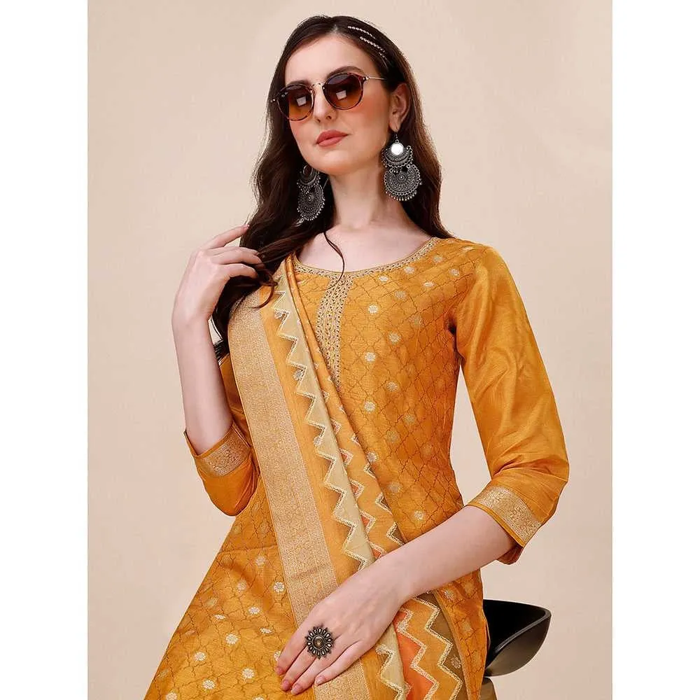 Seerat Mustard Jacquard Silk Straight Kurta with Trousers & Bandhani Dupatta (Set of 3)