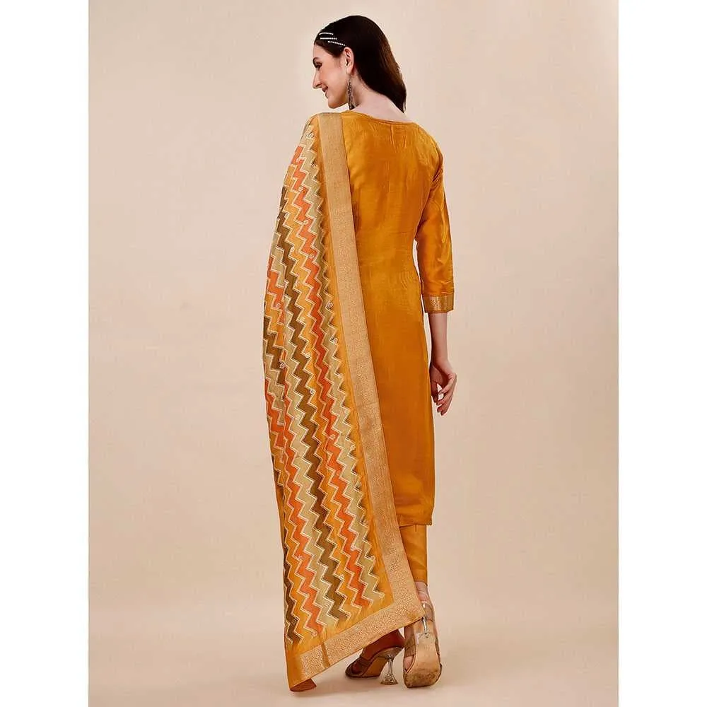 Seerat Mustard Jacquard Silk Straight Kurta with Trousers & Bandhani Dupatta (Set of 3)