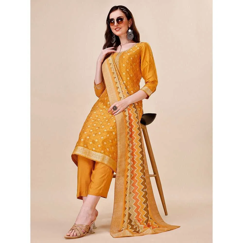 Seerat Mustard Jacquard Silk Straight Kurta with Trousers & Bandhani Dupatta (Set of 3)