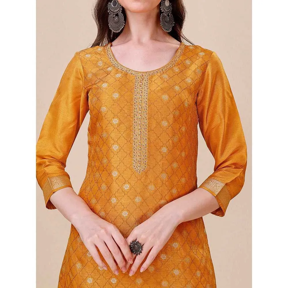 Seerat Mustard Jacquard Silk Straight Kurta with Trousers & Bandhani Dupatta (Set of 3)