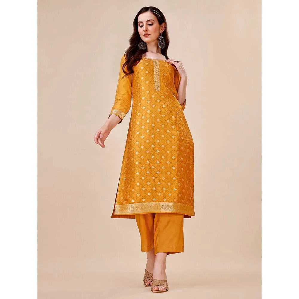 Seerat Mustard Jacquard Silk Straight Kurta with Trousers & Bandhani Dupatta (Set of 3)