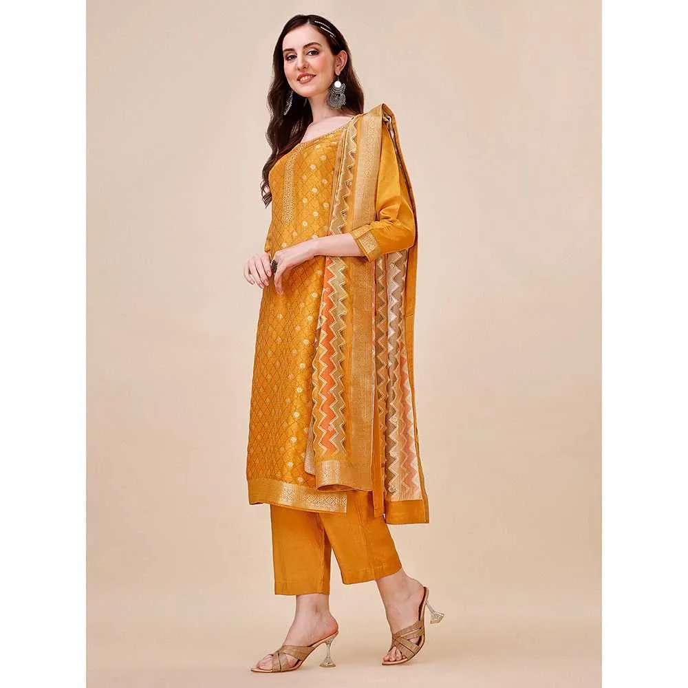 Seerat Mustard Jacquard Silk Straight Kurta with Trousers & Bandhani Dupatta (Set of 3)