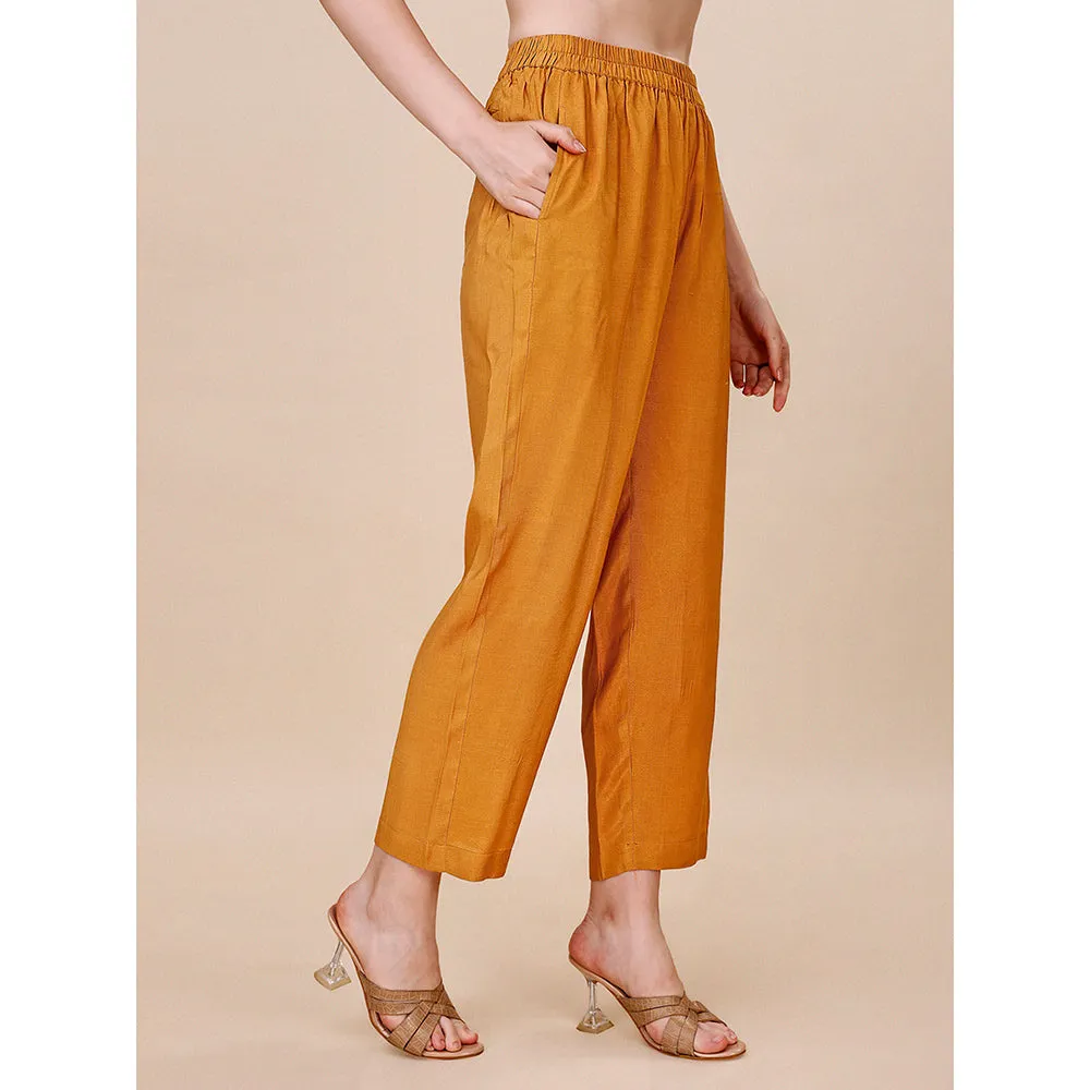 Seerat Mustard Jacquard Silk Straight Kurta with Trousers & Bandhani Dupatta (Set of 3)