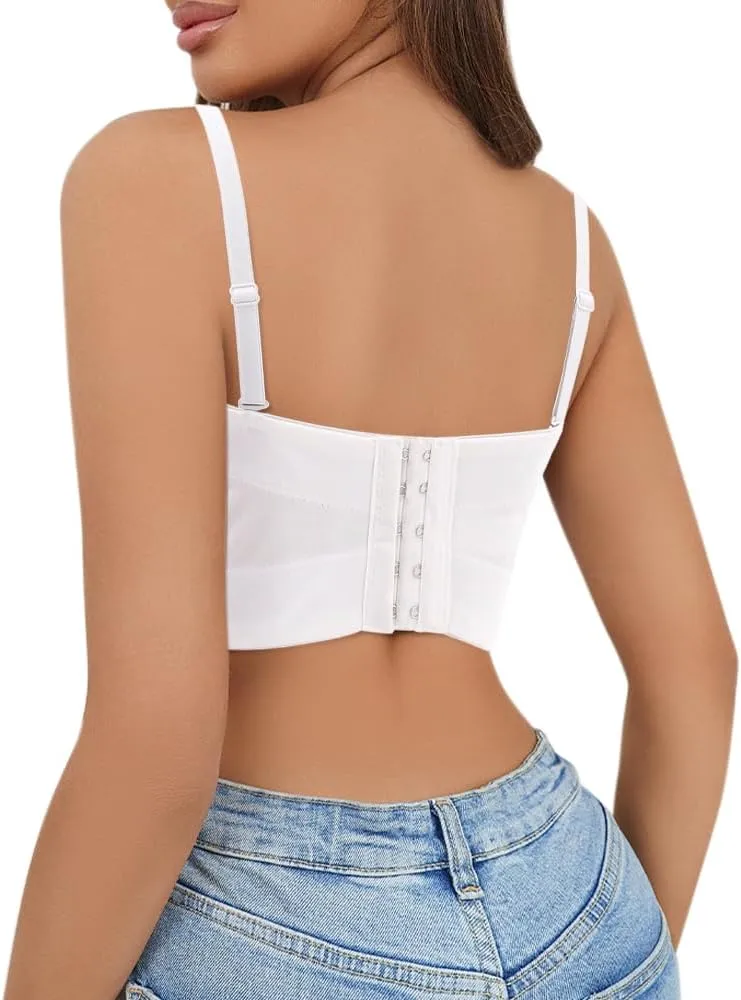 Segreto Women Sexy Rhinestone Crop Top Beaded Feather Bustier Push Up Corset Tank Tops Bra Vest Clubwear Party
