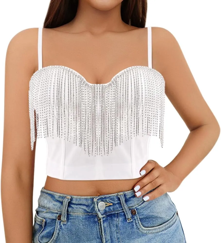 Segreto Women Sexy Rhinestone Crop Top Beaded Feather Bustier Push Up Corset Tank Tops Bra Vest Clubwear Party
