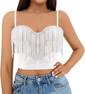 Segreto Women Sexy Rhinestone Crop Top Beaded Feather Bustier Push Up Corset Tank Tops Bra Vest Clubwear Party
