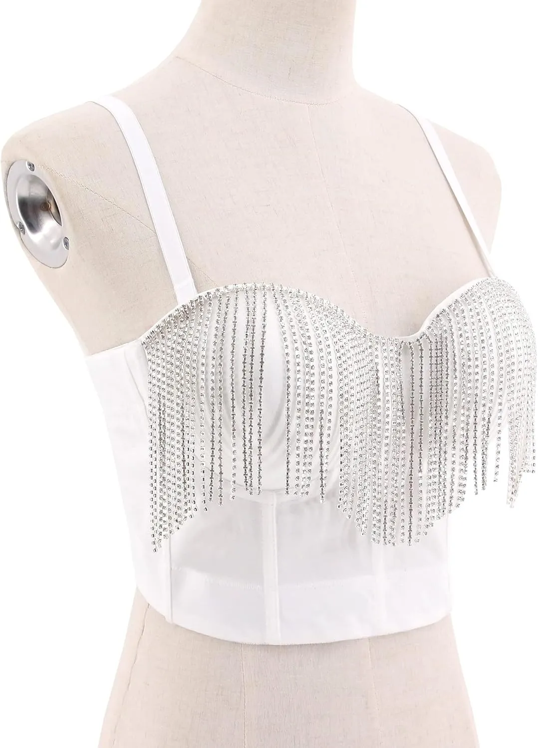 Segreto Women Sexy Rhinestone Crop Top Beaded Feather Bustier Push Up Corset Tank Tops Bra Vest Clubwear Party
