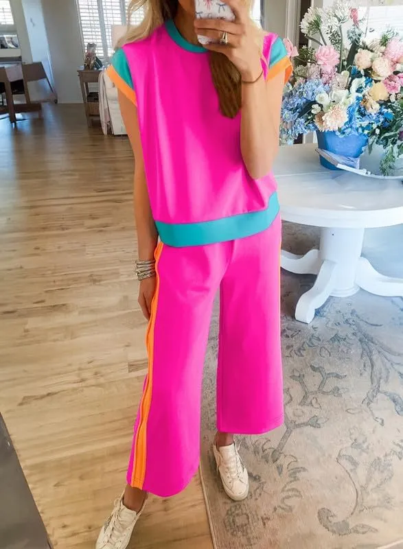 SHEWIN Women's 2 Piece Lounge Sets Casual Short Sleeve Pullover Tops Matching Wide Leg Pants Tracksuit Set