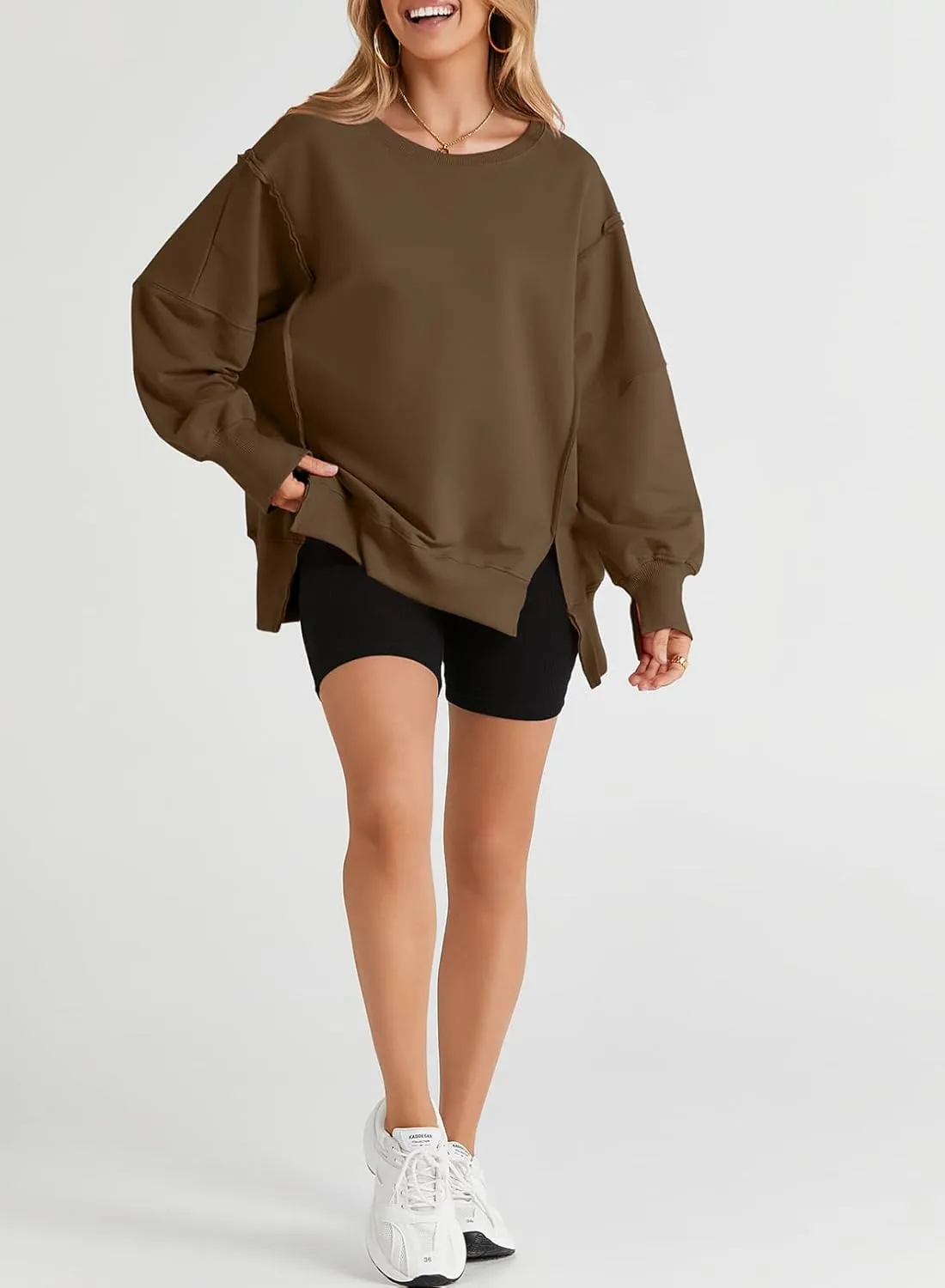 SHEWIN Womens Oversized Reverse Seam Sweatshirt Casual Long Sleeve Crewneck Lightweight Pullover Tops Loose Sweatshirts