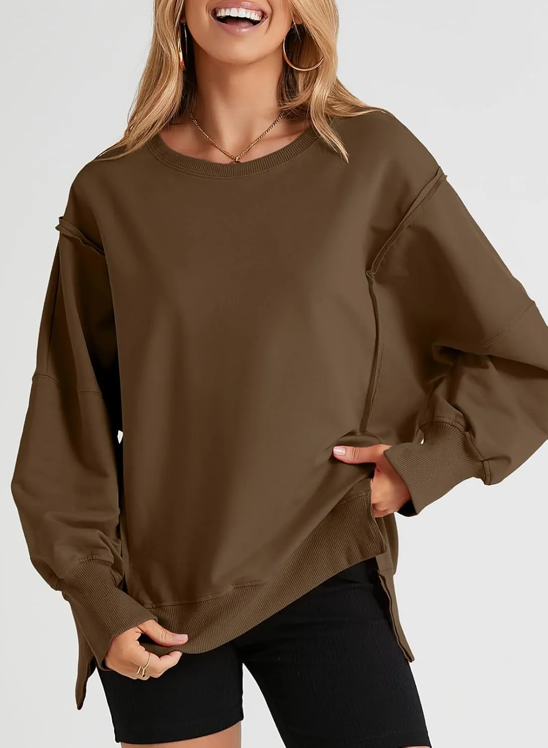 SHEWIN Womens Oversized Reverse Seam Sweatshirt Casual Long Sleeve Crewneck Lightweight Pullover Tops Loose Sweatshirts