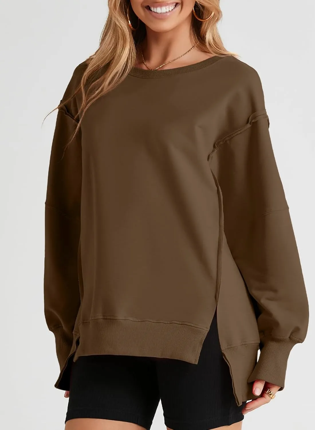 SHEWIN Womens Oversized Reverse Seam Sweatshirt Casual Long Sleeve Crewneck Lightweight Pullover Tops Loose Sweatshirts