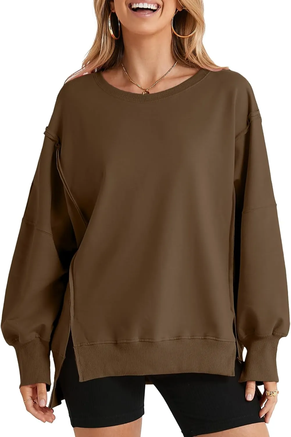 SHEWIN Womens Oversized Reverse Seam Sweatshirt Casual Long Sleeve Crewneck Lightweight Pullover Tops Loose Sweatshirts