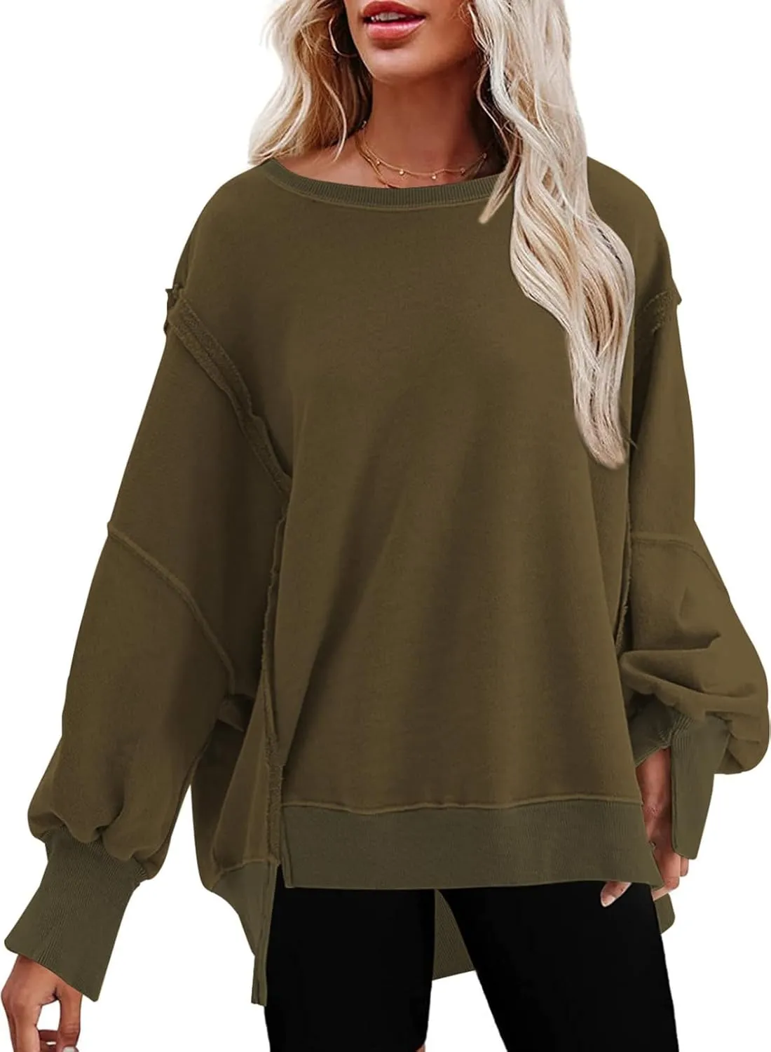 SHEWIN Womens Oversized Reverse Seam Sweatshirt Casual Long Sleeve Crewneck Lightweight Pullover Tops Loose Sweatshirts