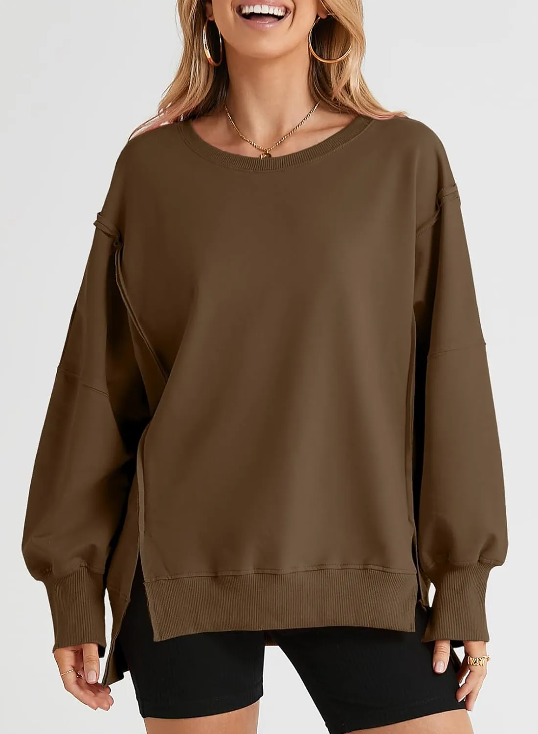 SHEWIN Womens Oversized Reverse Seam Sweatshirt Casual Long Sleeve Crewneck Lightweight Pullover Tops Loose Sweatshirts