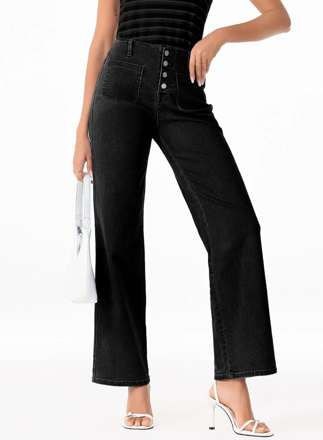 Sidefeel Women's Wide Leg High Waisted Stretchy Tummy Control Zimbaplatinum Jeans
