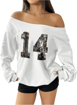 SOLY HUX Sweatshirt for Women Camo Number Graphic Off the Shoulder Long Sleeve Pullover Fall Tops