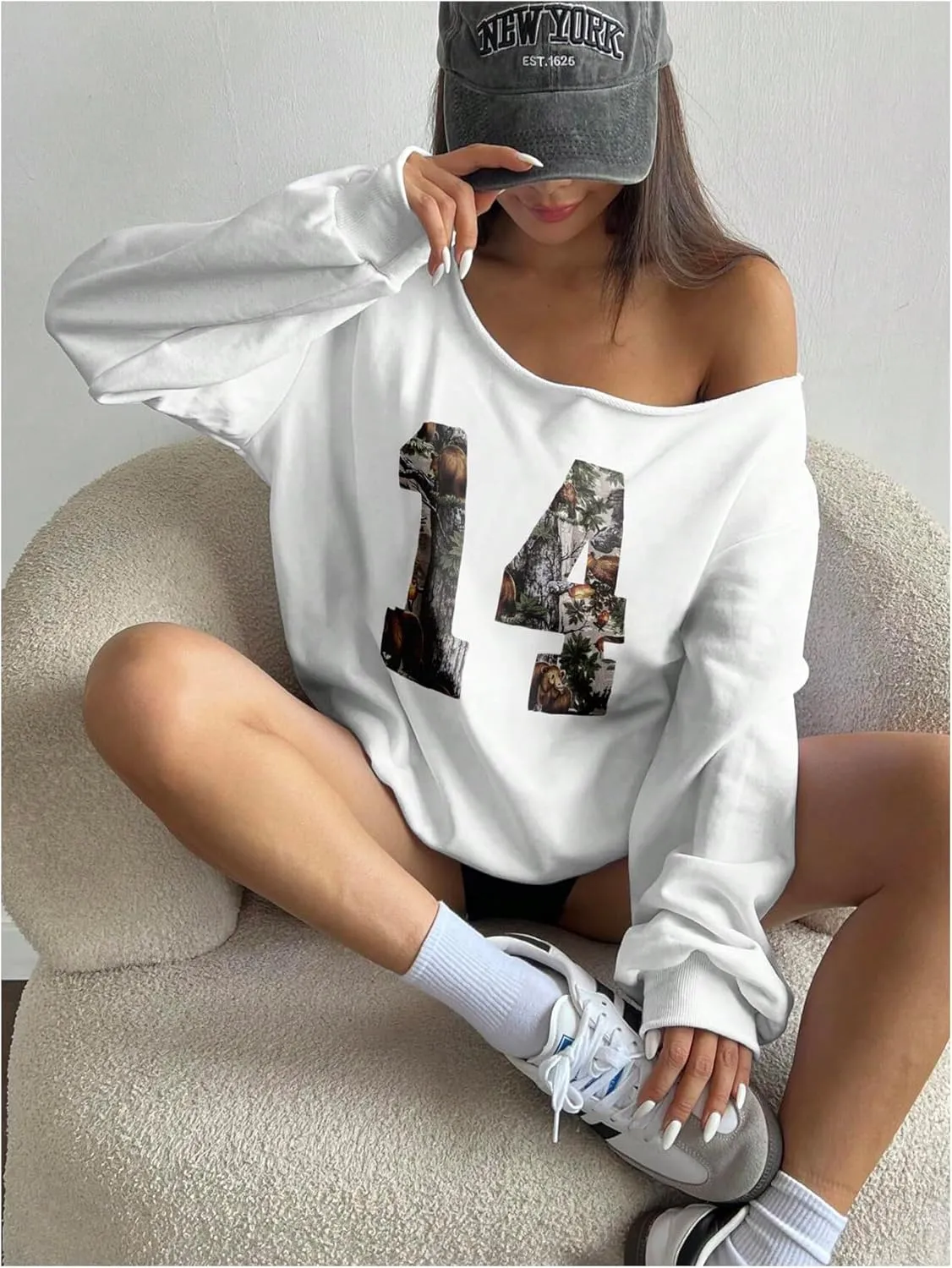 SOLY HUX Sweatshirt for Women Camo Number Graphic Off the Shoulder Long Sleeve Pullover Fall Tops