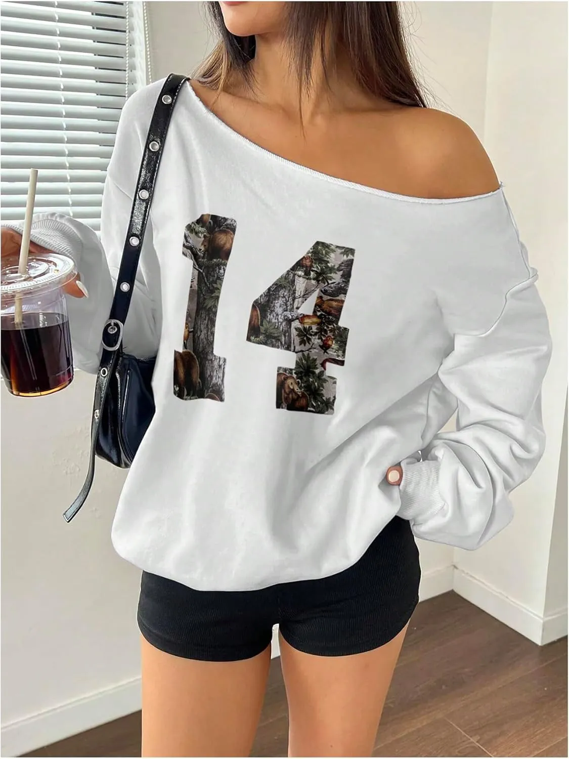 SOLY HUX Sweatshirt for Women Camo Number Graphic Off the Shoulder Long Sleeve Pullover Fall Tops