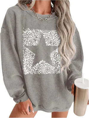 SOLY HUX Sweatshirt for Women Graphic Leopard Star Print Drop Shoulder Long Sleeve Corduroy Pullover Fall Tops