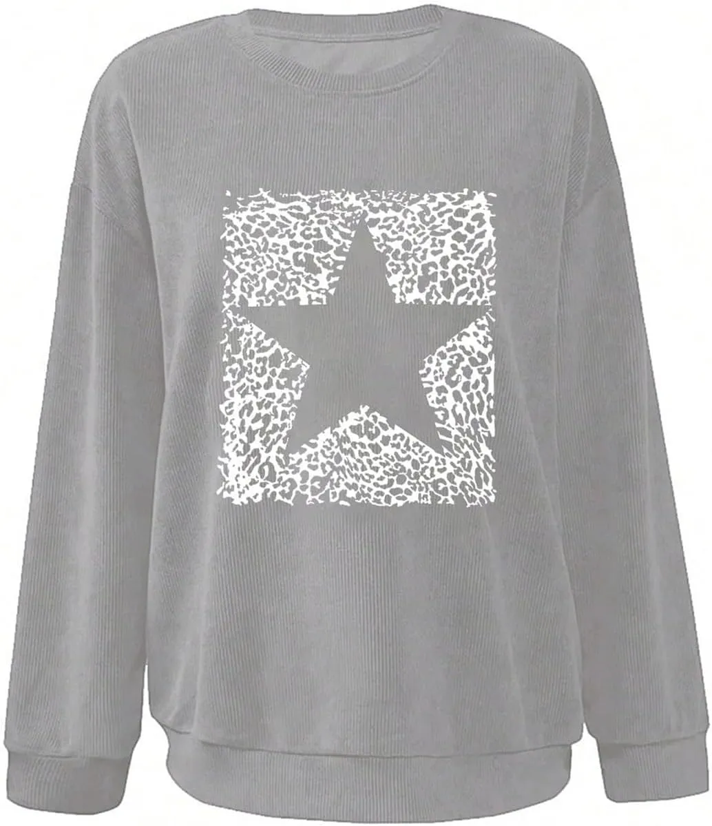 SOLY HUX Sweatshirt for Women Graphic Leopard Star Print Drop Shoulder Long Sleeve Corduroy Pullover Fall Tops