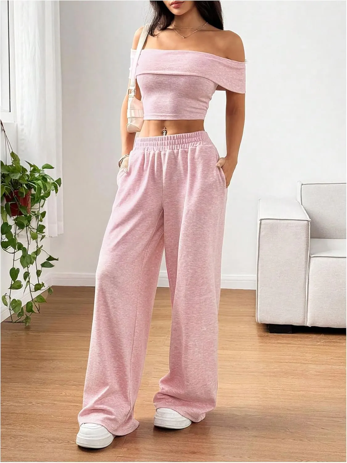 SOLY HUX Women's 2 Piece Summer Outfits Off the Shoulder Short Sleeve Crop Tops and Wide Leg Pants Matching Sets