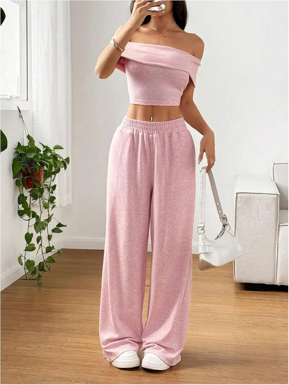 SOLY HUX Women's 2 Piece Summer Outfits Off the Shoulder Short Sleeve Crop Tops and Wide Leg Pants Matching Sets
