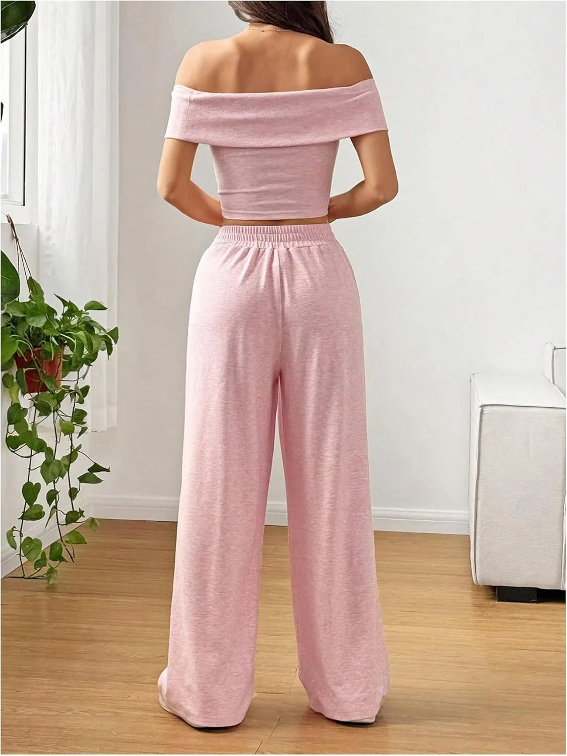 SOLY HUX Women's 2 Piece Summer Outfits Off the Shoulder Short Sleeve Crop Tops and Wide Leg Pants Matching Sets