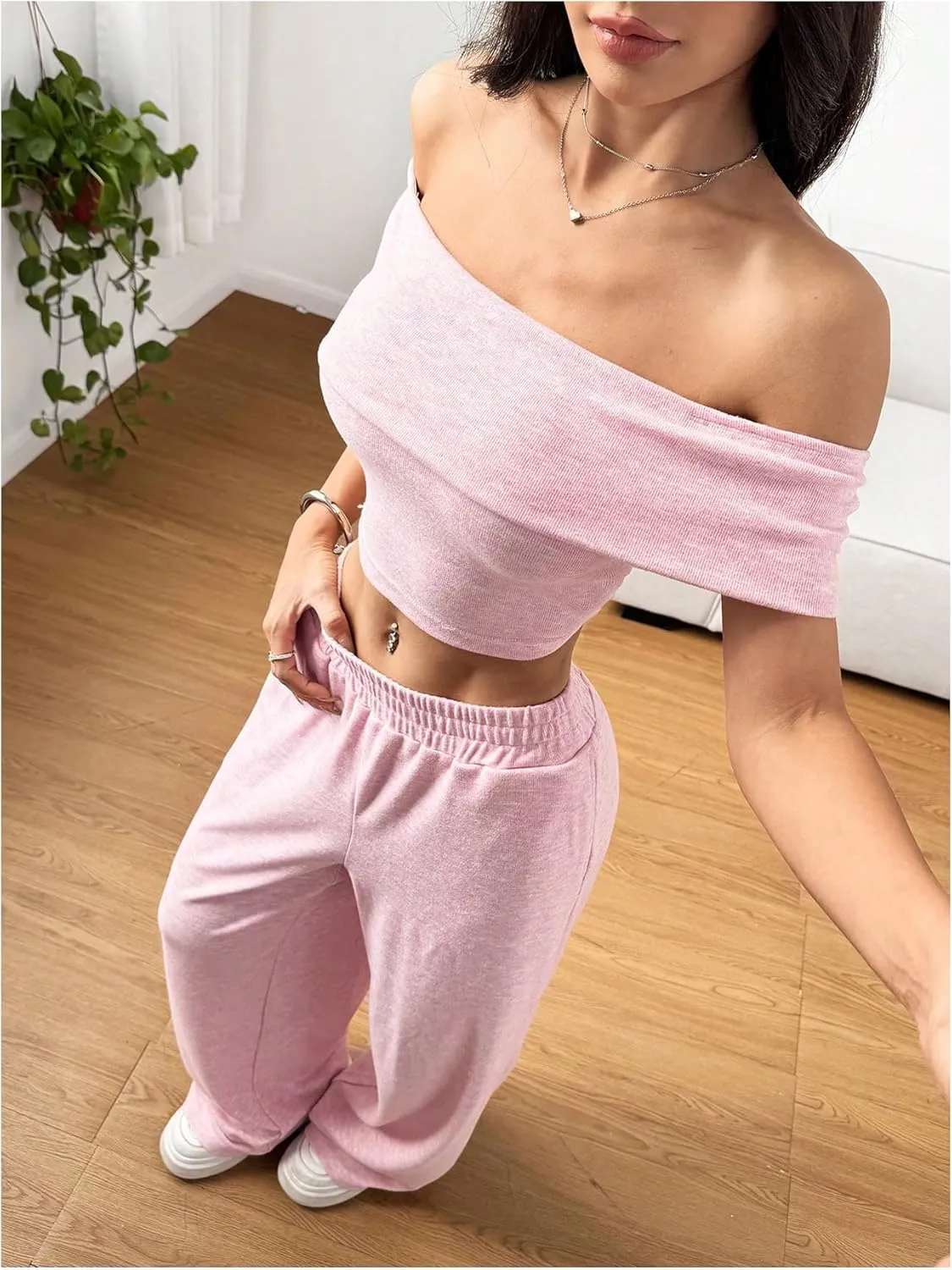 SOLY HUX Women's 2 Piece Summer Outfits Off the Shoulder Short Sleeve Crop Tops and Wide Leg Pants Matching Sets