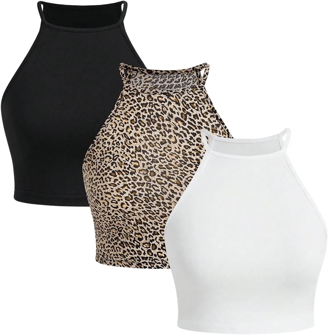 SOLY HUX Women's Basic Camisole 3 Packs Halter Neck Crop Tops Leopard Print Fitted Summer Cami Top