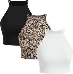 SOLY HUX Women's Basic Camisole 3 Packs Halter Neck Crop Tops Leopard Print Fitted Summer Cami Top