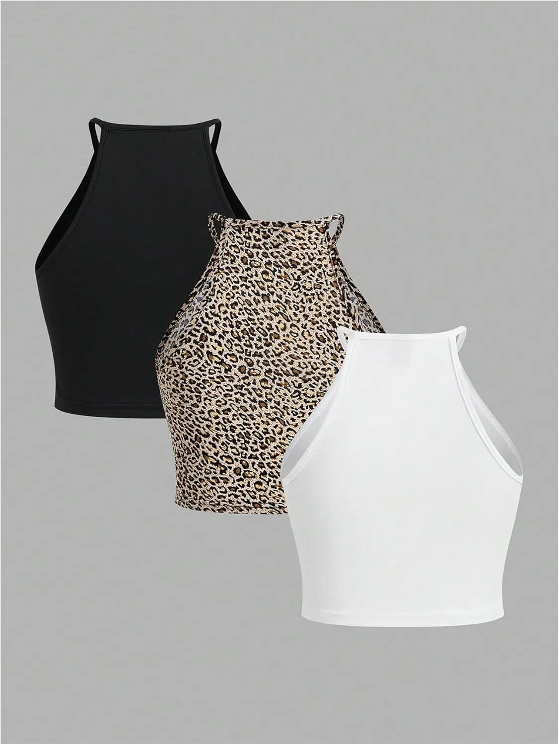 SOLY HUX Women's Basic Camisole 3 Packs Halter Neck Crop Tops Leopard Print Fitted Summer Cami Top