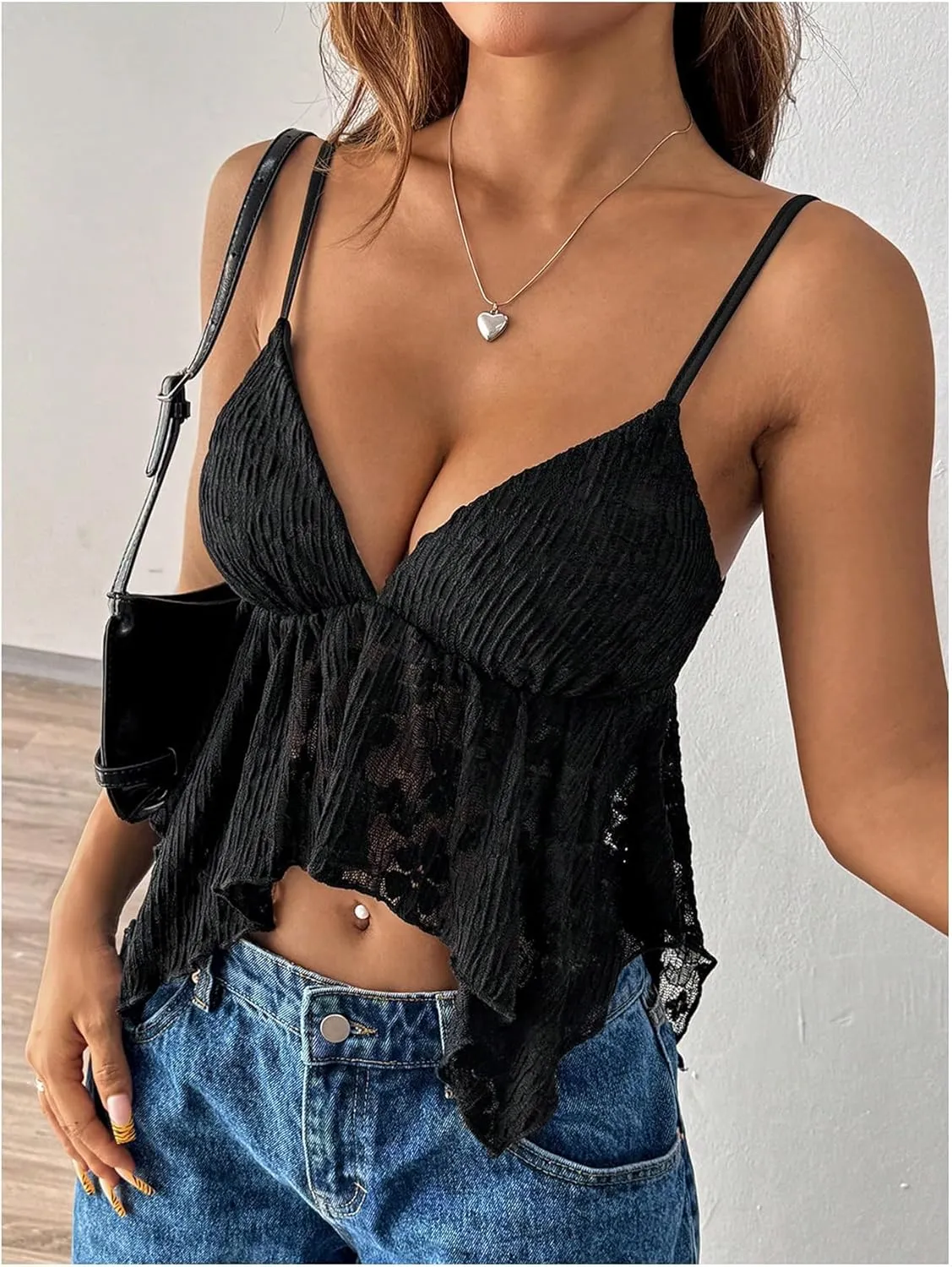 SOLY HUX Women's Sexy Y2k Camisole Lace V Neck Crop Top Summer Going Out Sleeveless Cami Tops