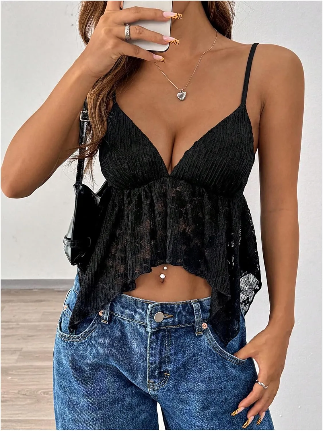 SOLY HUX Women's Sexy Y2k Camisole Lace V Neck Crop Top Summer Going Out Sleeveless Cami Tops