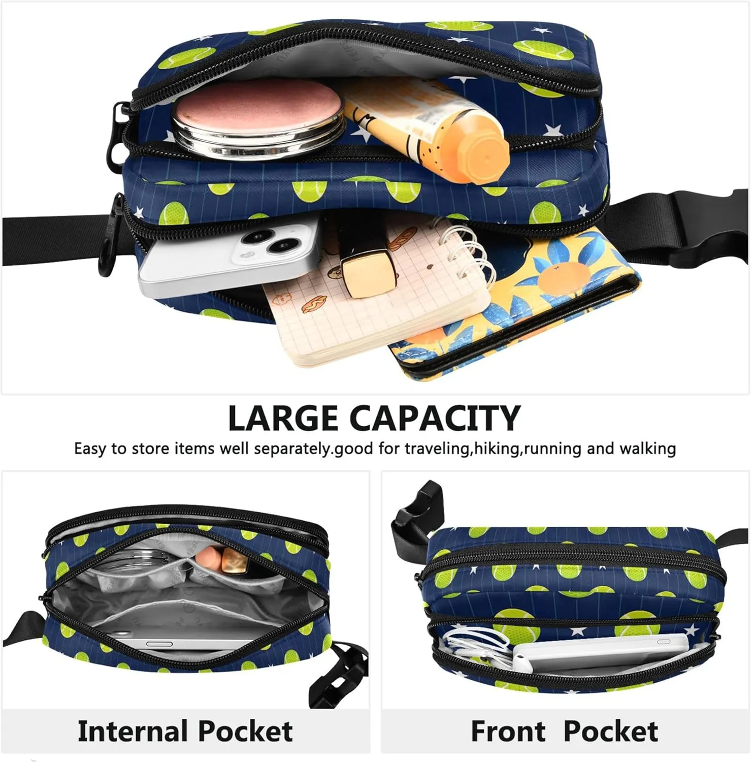 Sports Design Tennis Fanny Packs Women Waterproof Hip Bag Belt Pouch Bright Colored Travel Waist Bag