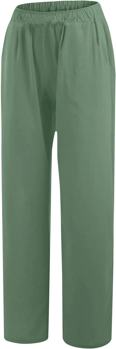 Summer Wide Leg Trousers for Women Trendy Elastic Waist Cotton Linen Pants Ladies Beach Palazzo Pants with Pockets
