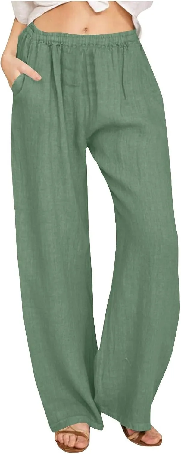 Summer Wide Leg Trousers for Women Trendy Elastic Waist Cotton Linen Pants Ladies Beach Palazzo Pants with Pockets