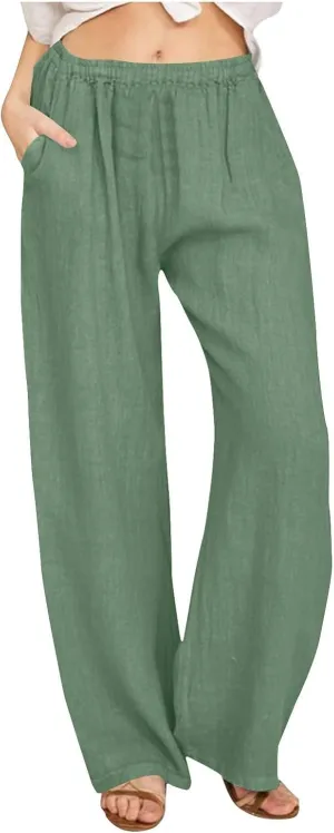 Summer Wide Leg Trousers for Women Trendy Elastic Waist Cotton Linen Pants Ladies Beach Palazzo Pants with Pockets