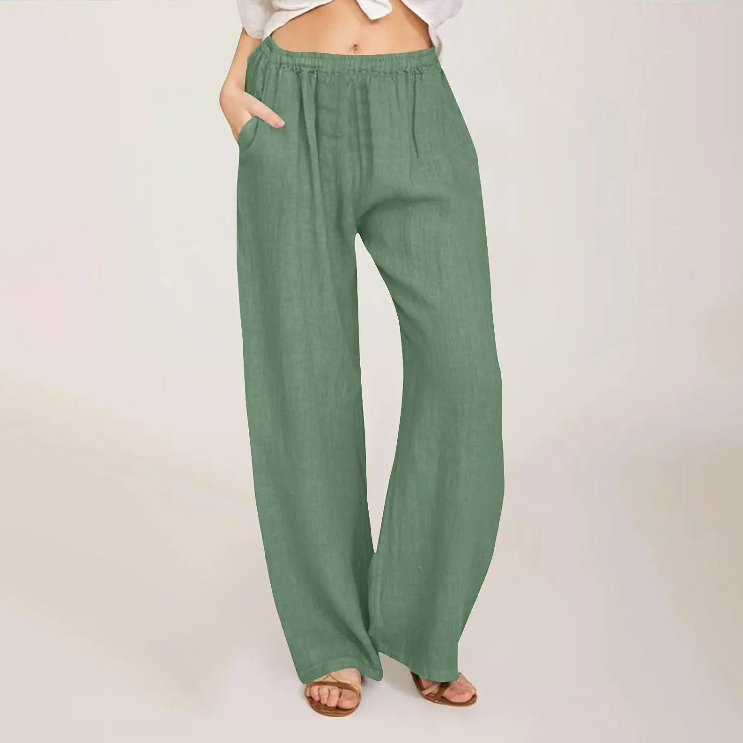 Summer Wide Leg Trousers for Women Trendy Elastic Waist Cotton Linen Pants Ladies Beach Palazzo Pants with Pockets