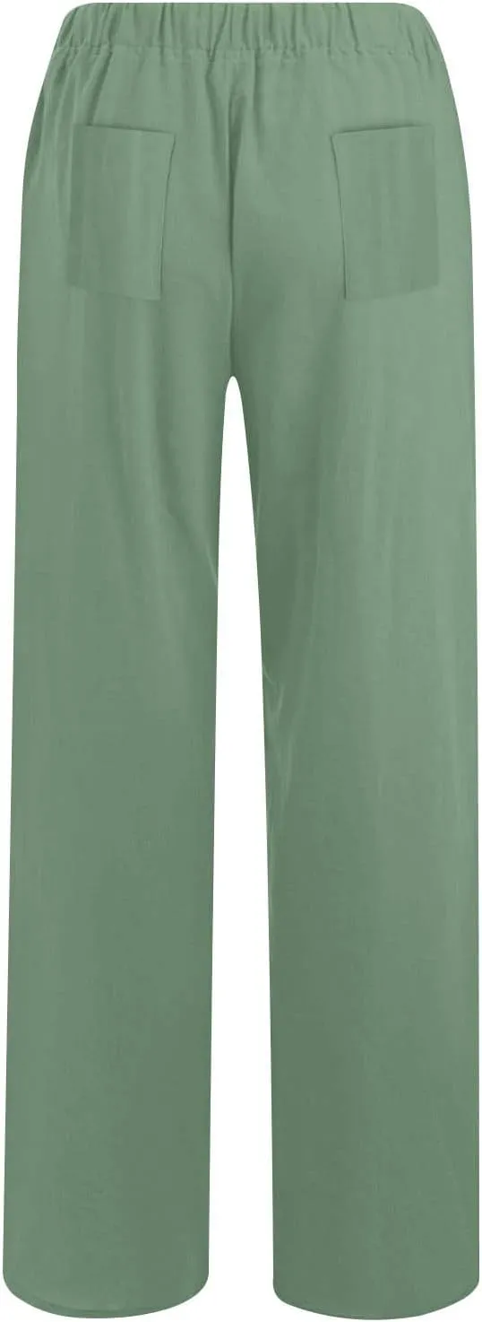 Summer Wide Leg Trousers for Women Trendy Elastic Waist Cotton Linen Pants Ladies Beach Palazzo Pants with Pockets