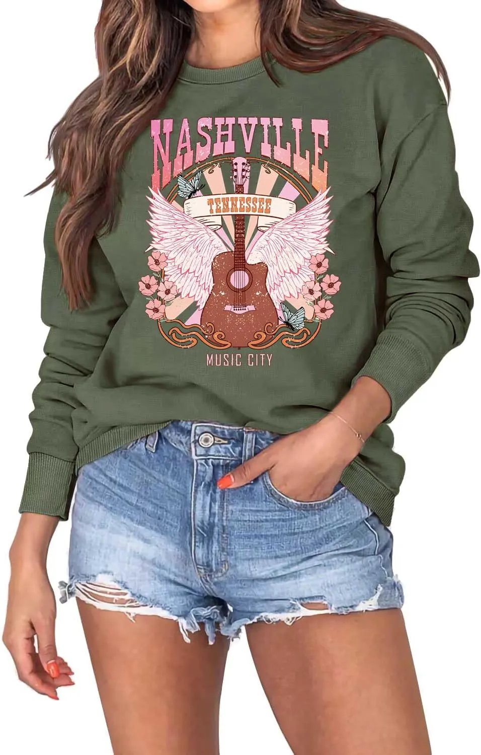 SurBepo Women Vintage Rock Roll Country Music Band Sweatshirts Fall Long Sleeve Graphic Pullover Tops