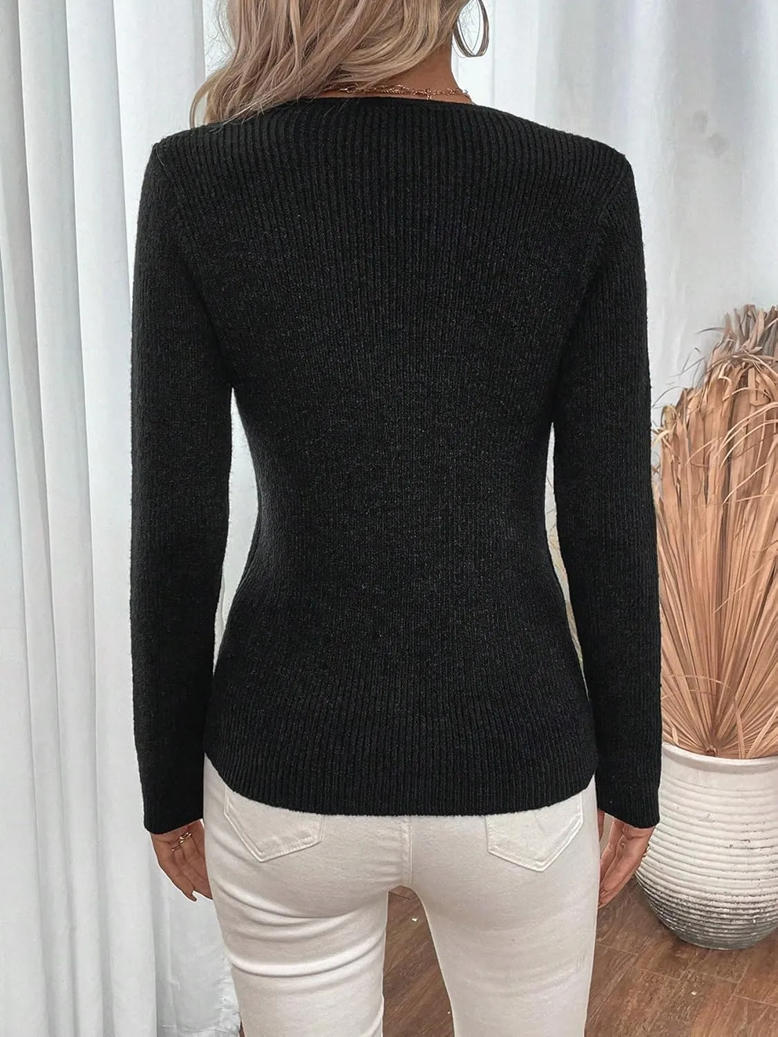 SweatyRocks Women's Casual Long Sleeve V Neck Zip Up Cardigan Sweater Slim Fit Ribbed Knit Top