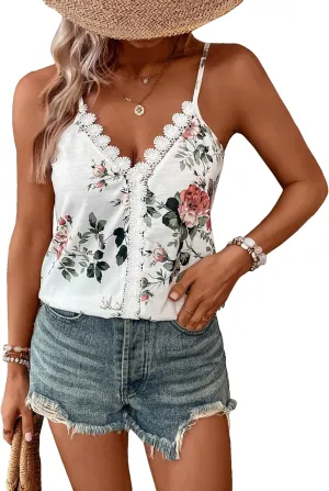SweatyRocks Women's Lace Trim Floral Print V Neck Cami Tops Spaghetti Strap Sleeveless Tank Top Camisole