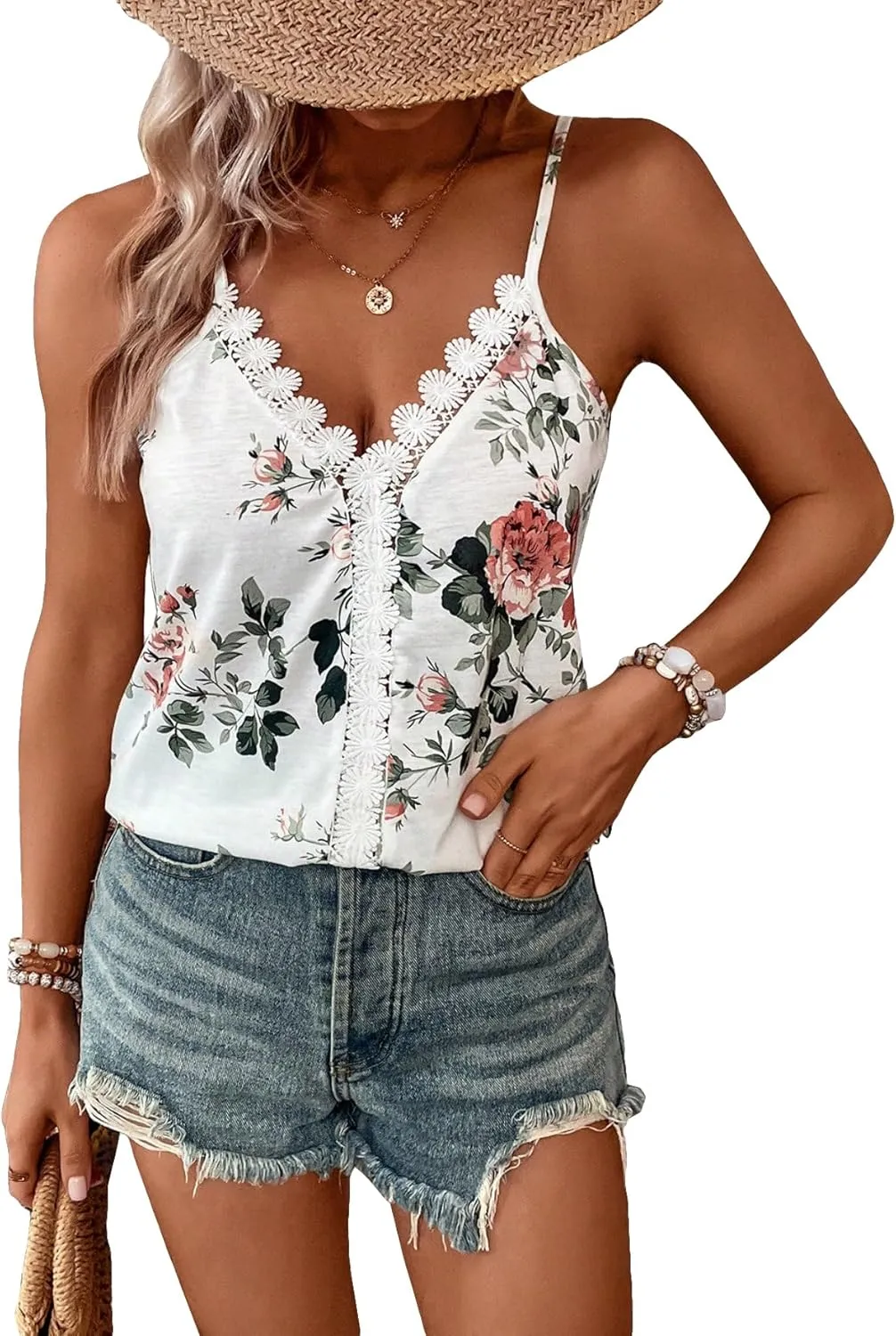 SweatyRocks Women's Lace Trim Floral Print V Neck Cami Tops Spaghetti Strap Sleeveless Tank Top Camisole