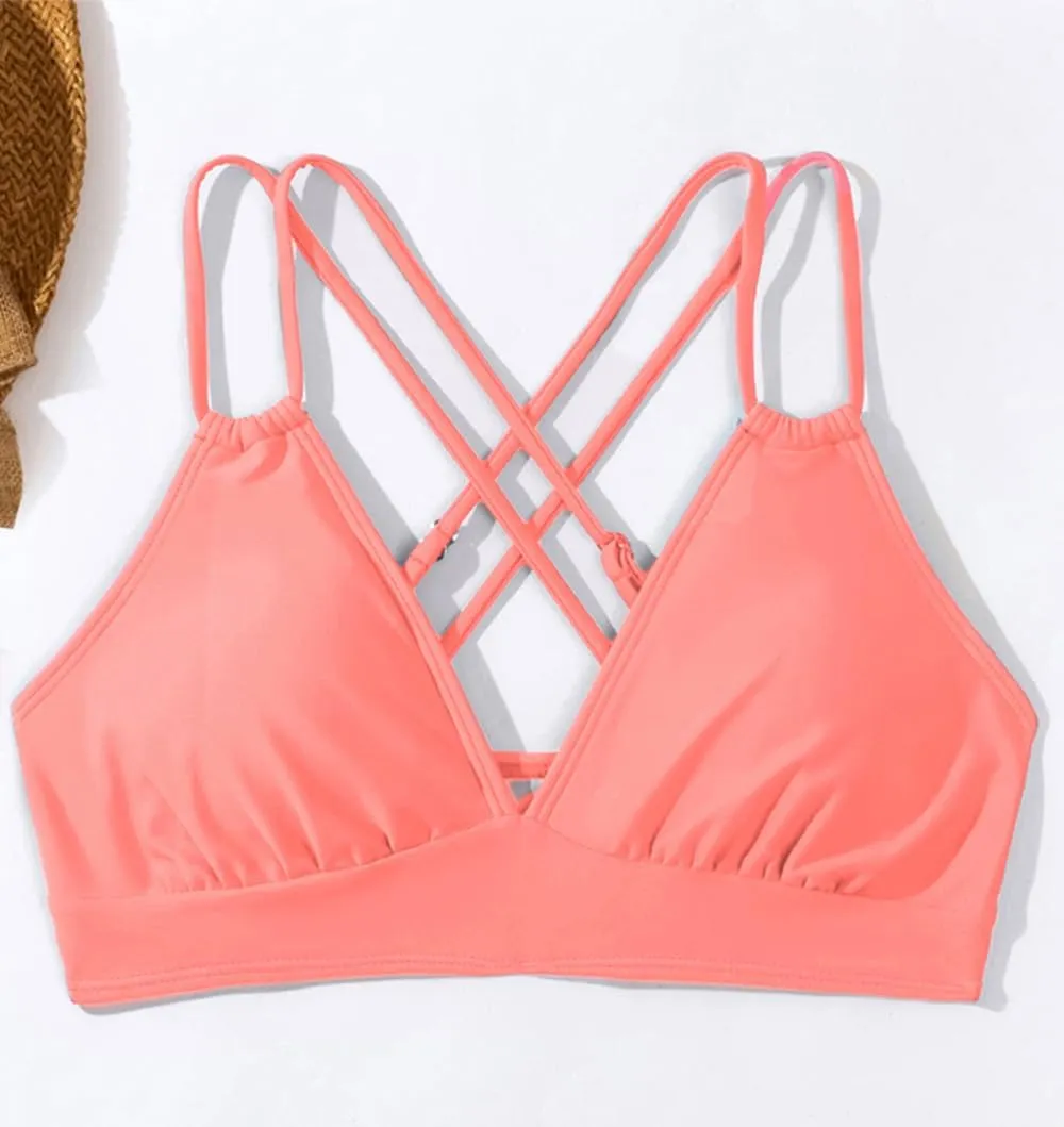 Tainehs Women's Push Up V Neck Bikini Tops Criss Cross Back Padded Bathing Suit Top Only
