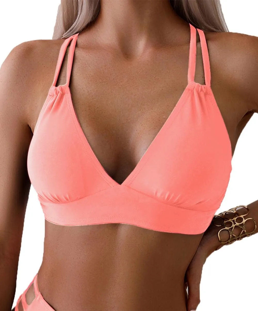 Tainehs Women's Push Up V Neck Bikini Tops Criss Cross Back Padded Bathing Suit Top Only